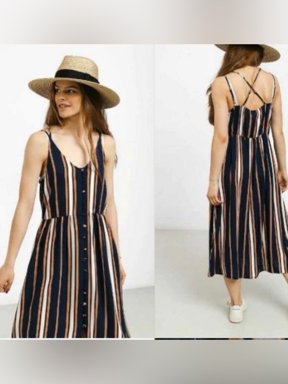 Roxy Women's Sz S Sunset Beauty Strappy Midi Dress Navy Button-Front Flowy